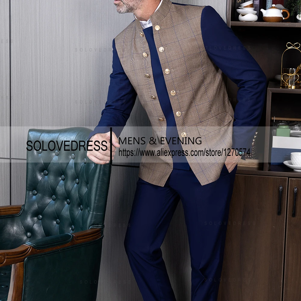 New Style   2 Pieces Splicing Plaid Can Be Two  Types of Buttons Slim Fit Business Men\'s Suits With 2 Pockets（Blazer+Pants ）