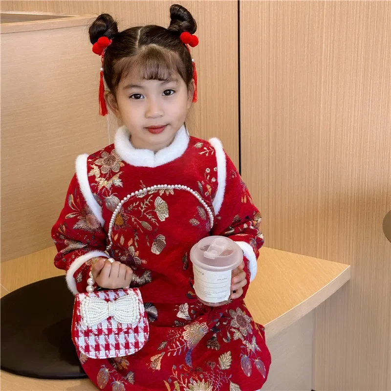 Sweet Bow Red Children's Shoulder Tote Bag Cute Pearl Handle Children Messenger Bags Fashion Square Kid Change Purse Handbags