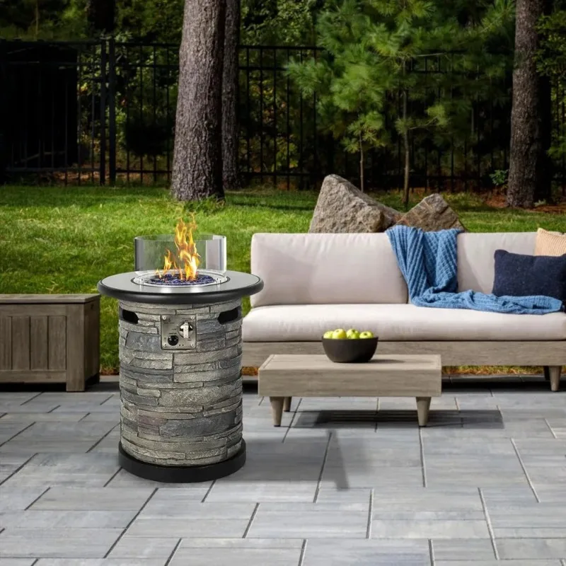 Outdoor Propane Fire Pit Table, Round Porcelain Tile Top 22 Fire Bowl Column W/ 40,000 BTU Firepit Table Auto-Ignition 400D Cove