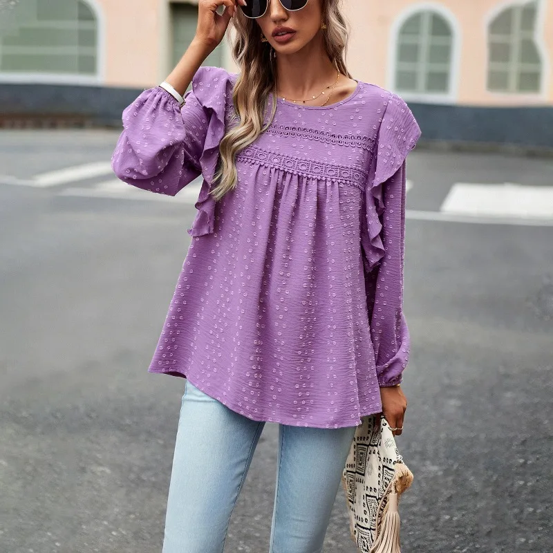 2023 Autumn Winter New Blouse Top Women's Lace Pleated Stitching Solid Color Shirt Women Ruffles Puff Sleeve Round Neck Shirt