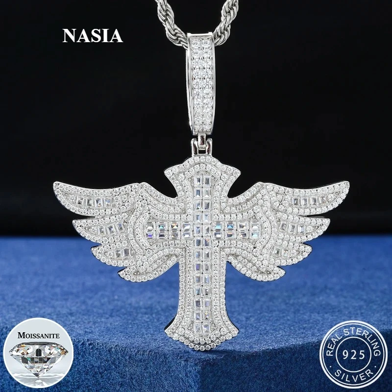 Collar con Colgante de Cruz de Alas de Ángel con Incrustaciones de Moissanita NASIA para Mujer y Hombre, Joyería con Cruz de Plata S925 con Engaste de Puntas 2026