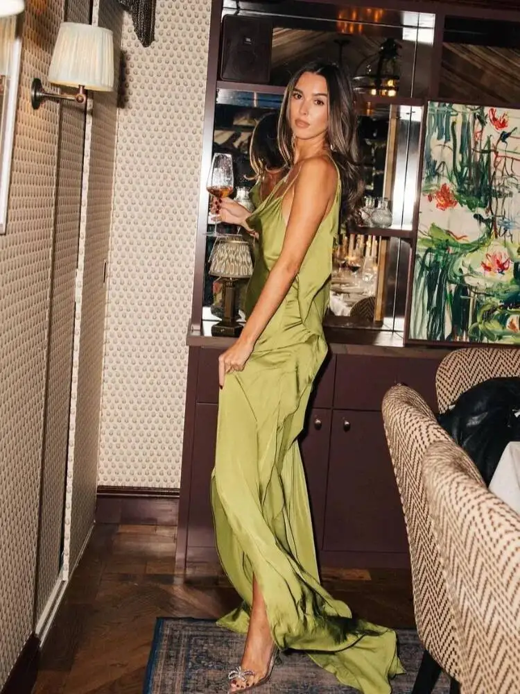 Elegant Green Satin Ruffles Sling Long Dress Women Sexy Backless Sleeveless Split Slim Dresses Lady 2025 Party Club Vestidos 1I8
