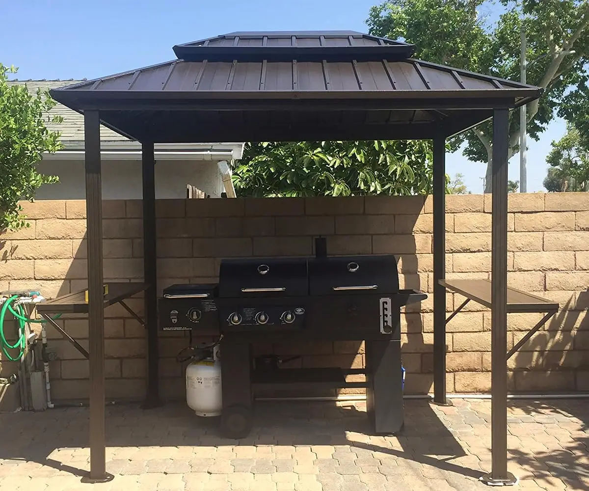 Patio Permanent Metal Roof with 2 Side Shelves Deck Yard Tent Aluminum Garden Outside Sun Shade Outdoor BBQ Canopy