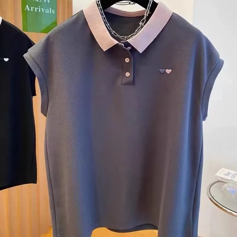 

Унисекс винтажная рубашка-поло без рукавов с вышивкой в виде сердца и цветовыми блоками, летний повседневный топ