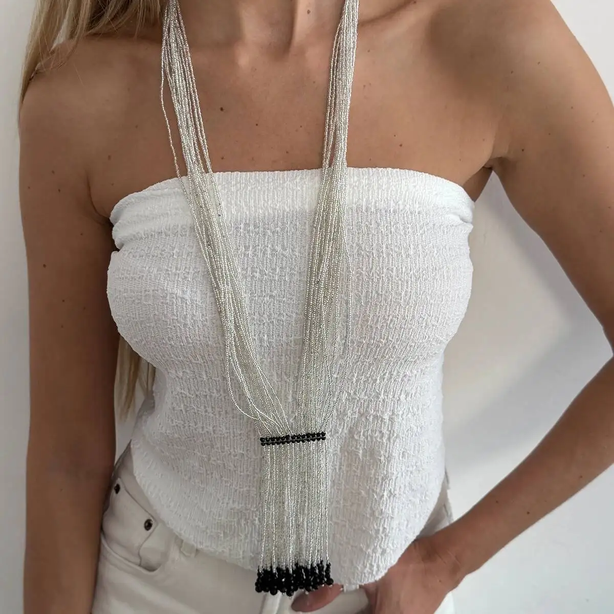 Salircon New Boho Multilayer Rice Beaded Necklace Women Exquisite Charm Long Crystal Chain Necklace Tassel Sweater Chain Jewelry