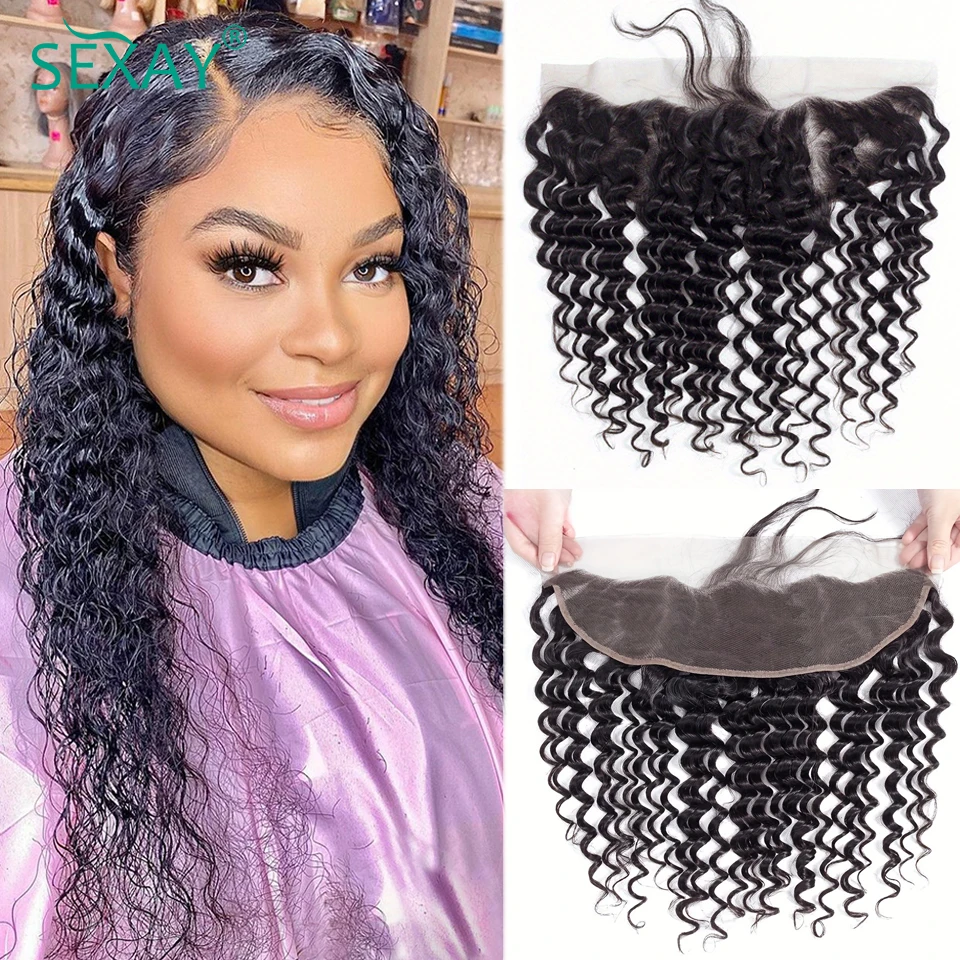 Onda Profunda Encaracolado Lace Frontal Encerramento, Pré-Arrancado Cabelo Humano, Onda de Água, HD Transparente, Orelha a Orelha, 13x4, 10-22"