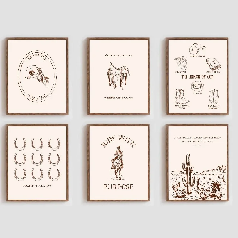 Neutral Fall Cowboy Bible Verse Prints Western Christian Decor Vintage Cowgirl Modern Aesthetic Trendy Neutral Home Art Wall Art