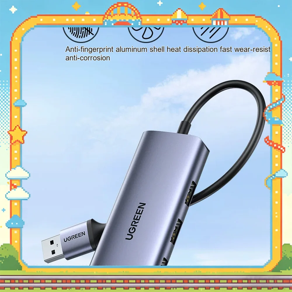UGREEN 60719 CM252 USB 3.0 Hub with Gigabit Ethernet Adapter 3 Port USB Splitter RJ45 Wired Network Card for Laptop PC