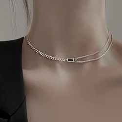 925 Sterling Silver Black Zircon Necklace Party Jewelry for Women New Fashion Double-layered Clavicle Chain Holiday Accessories