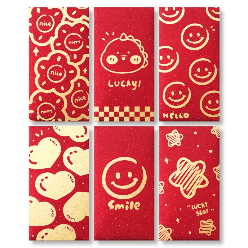 6Pcs Square Rectangle 2025 Chinese New Year Red Envelope Stamp Design Shining Spring Festival Red Pocket Hot Stamping Cute Smile
