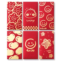6Pcs Square Rectangle 2025 Chinese New Year Red Envelope Stamp Design Shining Spring Festival Red Pocket Hot Stamping Cute Smile