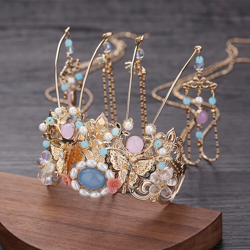Hanfu girls adult headwear tassel step hairpin full set ancient style super fairy hair crown pair hairpin hair accessories