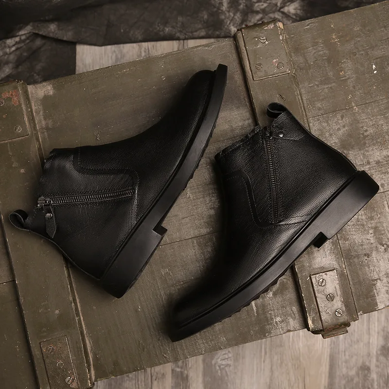 Men's Short Boots 2025 Autumn/Winter Cowhide Round Head Zipper Boots Mid Top Men's Boots Korean Vintage Boots Men