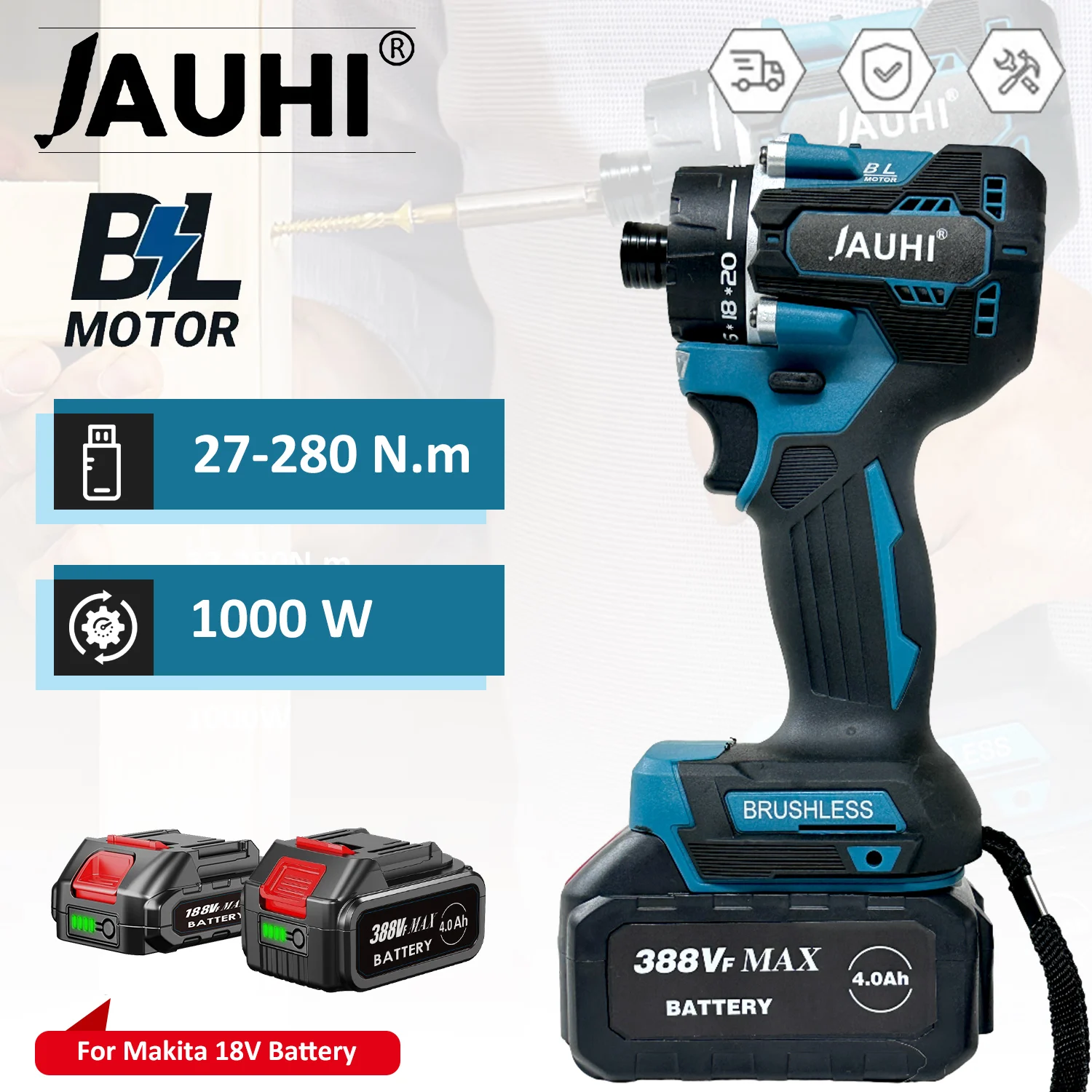 JAUHI 20+1 Torque 280N.m Brushless Electric Screwdriver Rechargeable Cordless Electric Drill Screw Driver for Makita 18v Battery