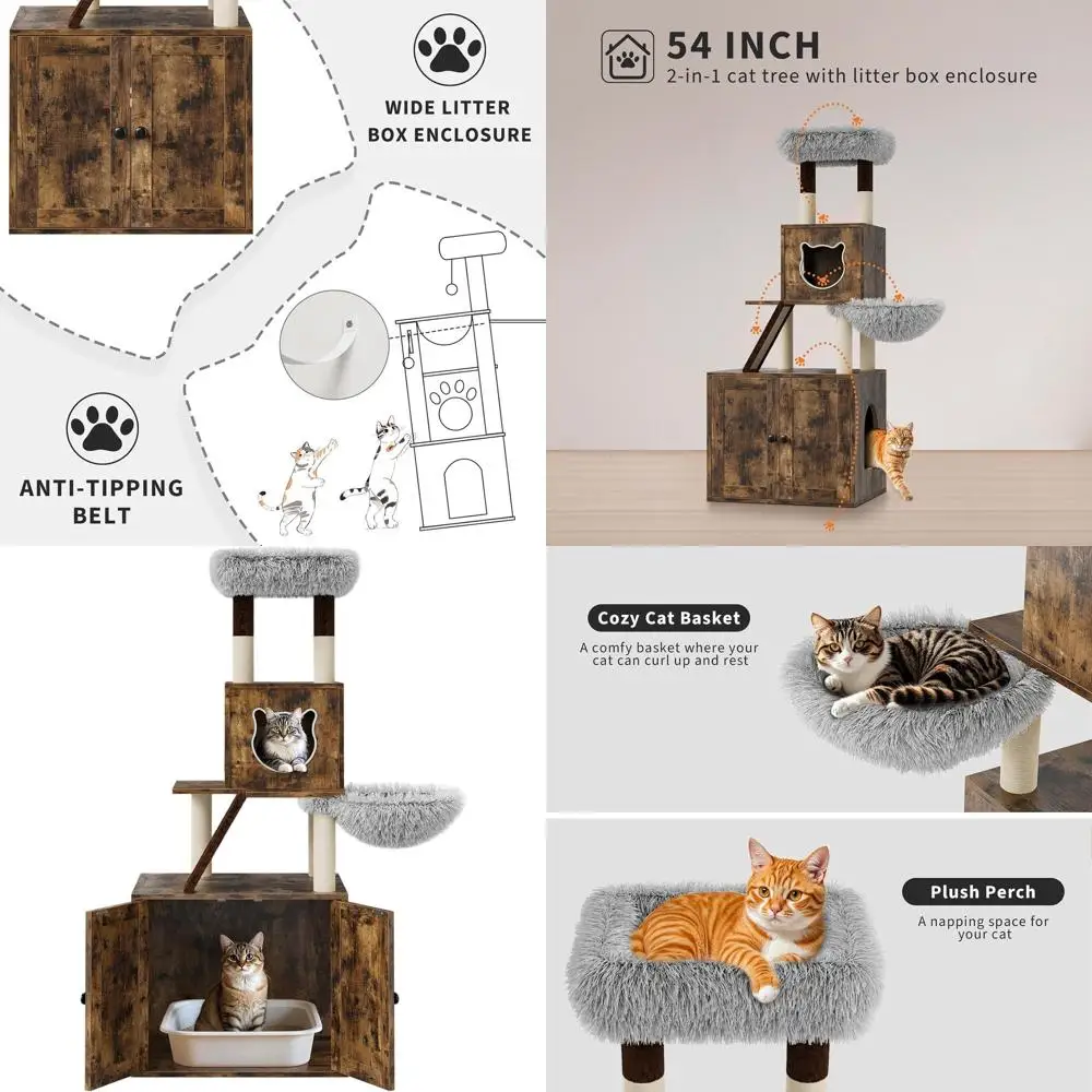 

2-in-1 Oak Brown Cat Tower: 57.5 Litter Box Enclosure & Modern Indoor Cat Tree with Perch, Hammock & Scratching Post