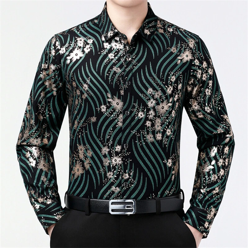 Bronzing Luxury Chinese Style Shirts For Men Long Sleeved Casual Spring New Quality Velvet Smooth Comfortable Slim Chemise Homme