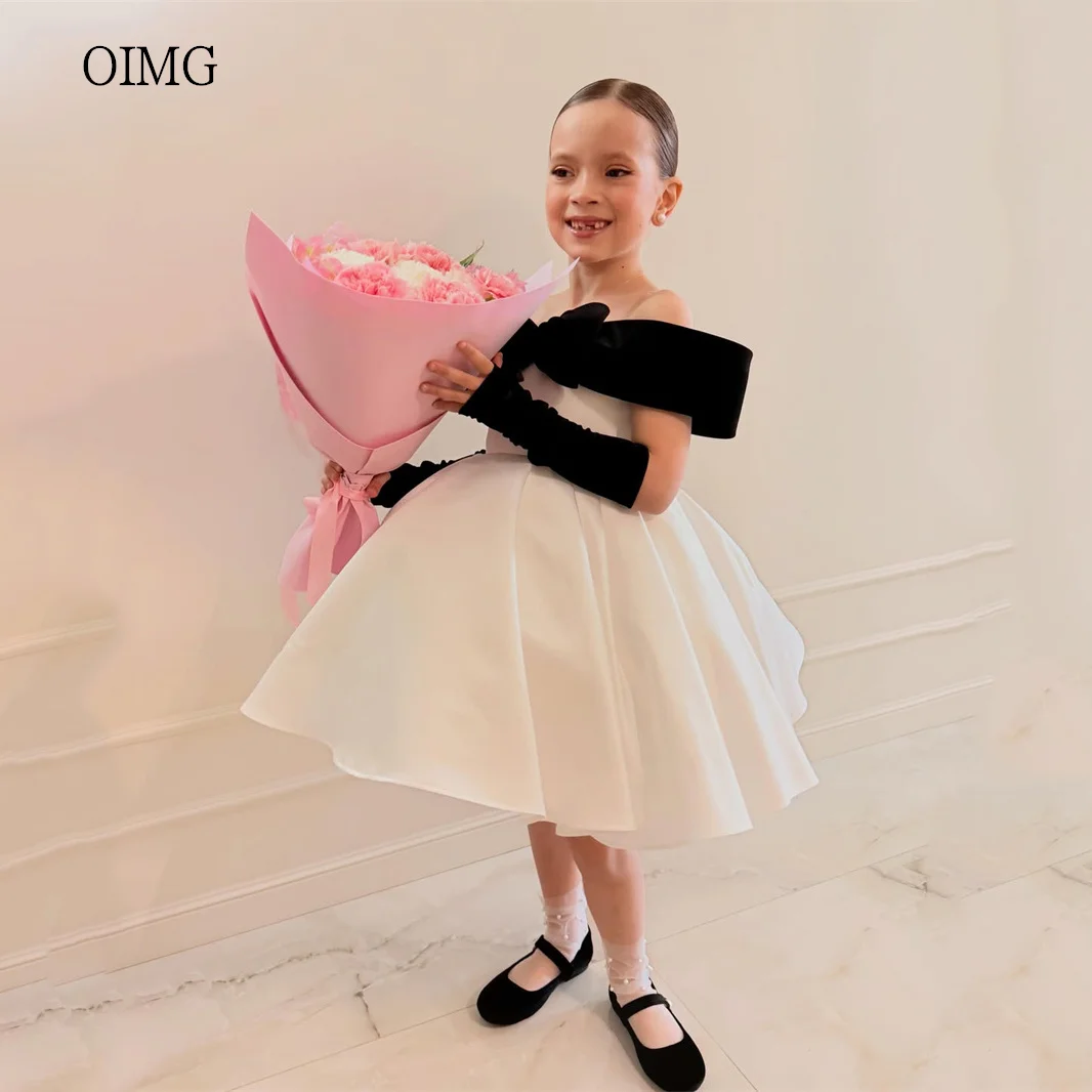 

OIMG Black/Ivory Bow Off The Shoulder Flower Girl Dresses A Line Wedding Party Dress Knee Length Birthday Dress Customized