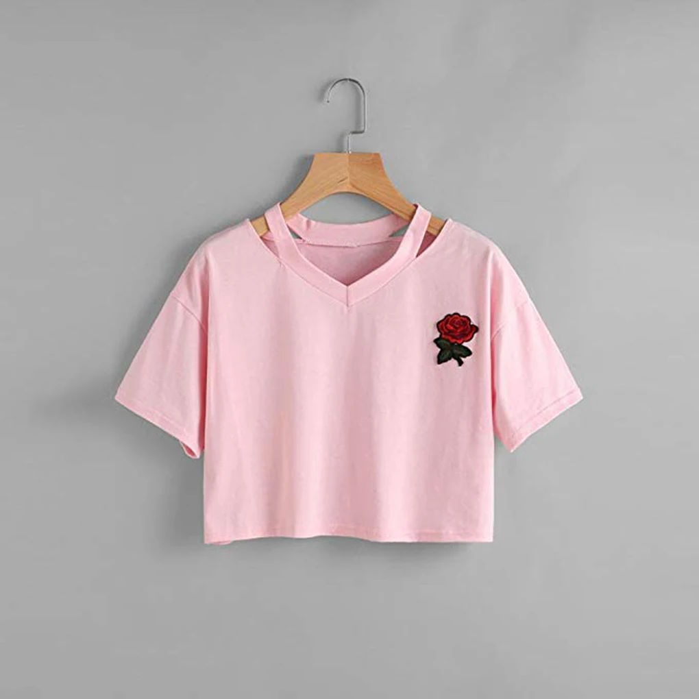 Camicetta da donna sexy con scollo a V ricamato rosa corta da donna