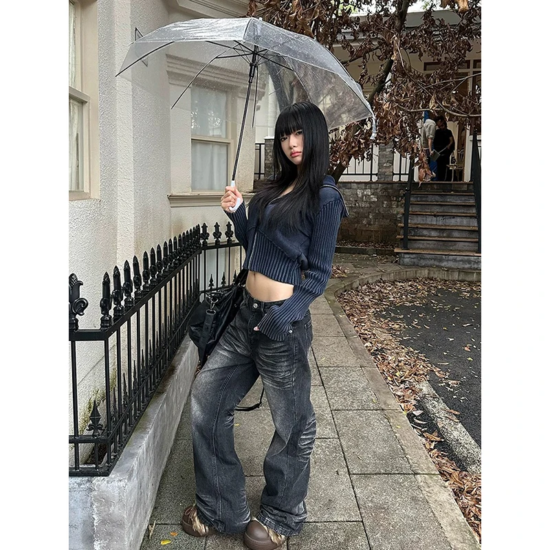 YIBASHU Women Black Gothic Y2k Jeans Vintage 2000s Harajuku Jean Pants Japandi Style Baggy Denim Trousers Alternative Clothes