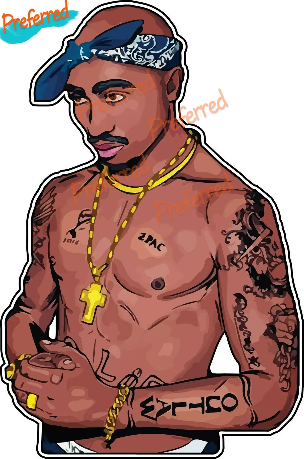 Tupac Shakur Makaveli Outlaw Thug Life Tattoo Blue Bandanna Vinyl Sticker for Phone, Window, Laptop, Helmet, Trunk, Surf Camper