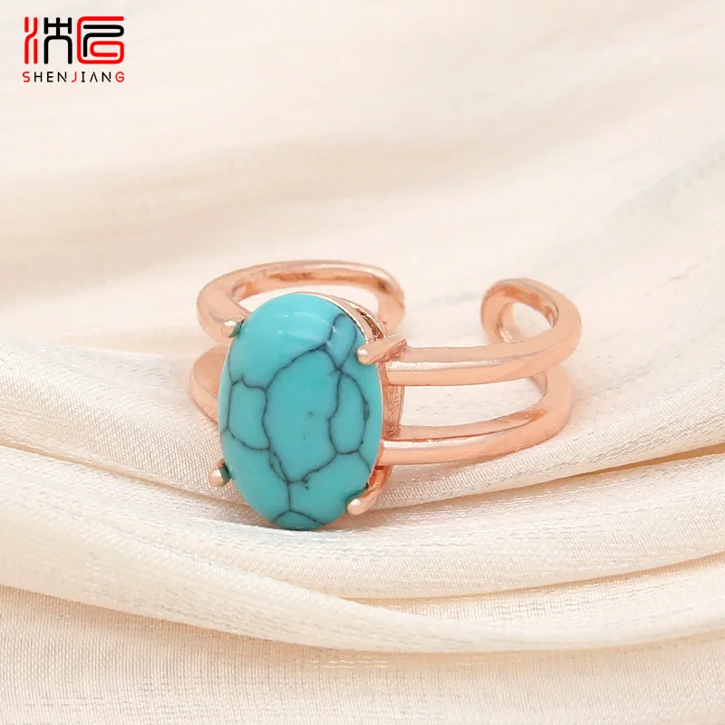 

SHENJIANG New Fine Oval Egg Shape Synthetic Turquoises Rings For Women Wedding 585 Rose Gold Color Elegant Jewelry Gift
