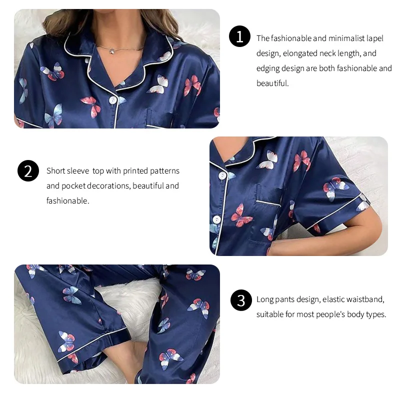 Women\'s Satin Butterfly Print Relaxed Fit Pajama Set Soft and Comfortable Short Sleeve Lapel Top and Pants Sleepwear Loungewear