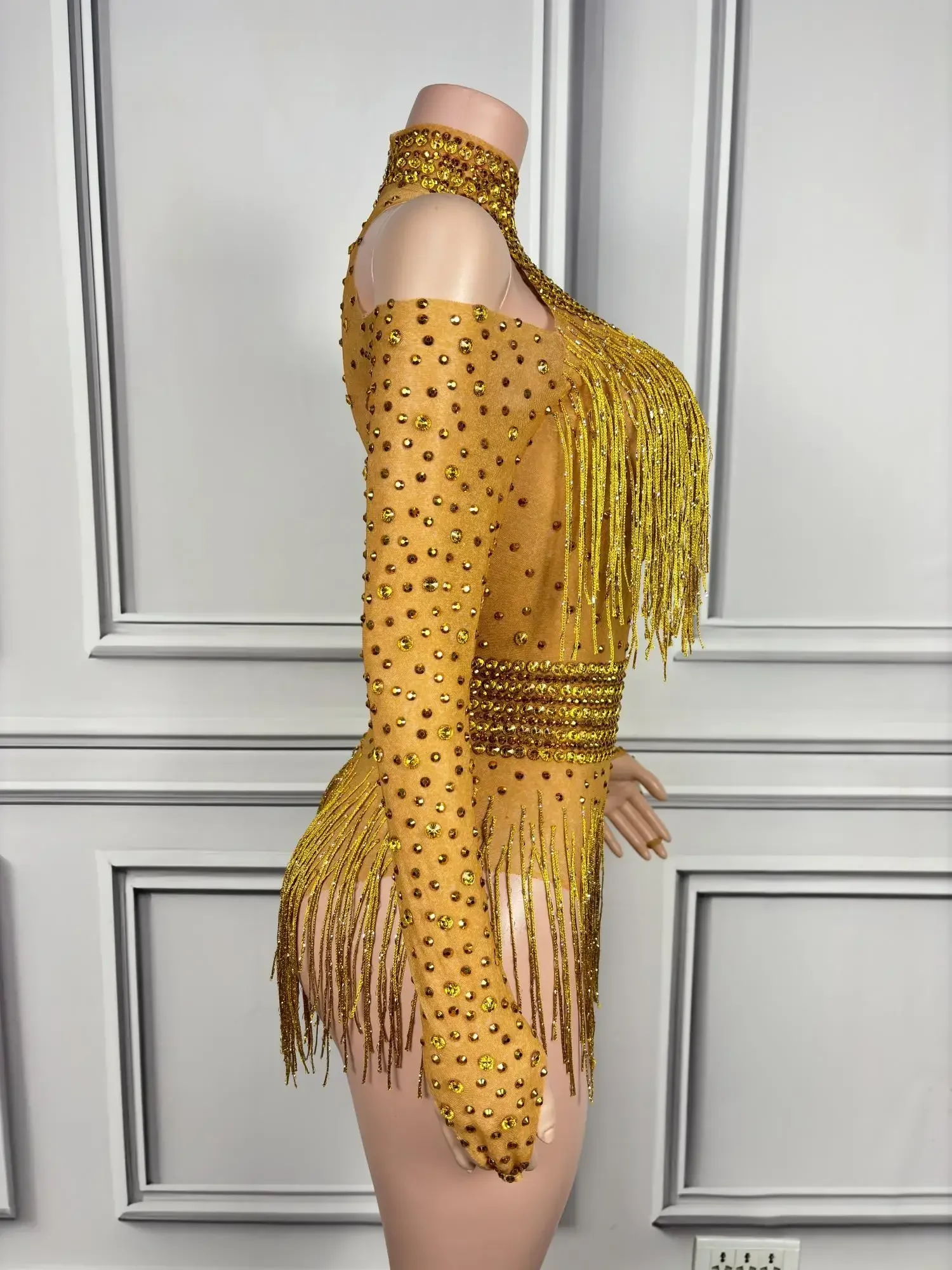 Боди с открытыми плечами и кисточками и длинными рукавами для женщин, комбинезон из спандекса, клубное шоу, боди для певицы, одежда для мероприятий, популярные девушки Nvtuan