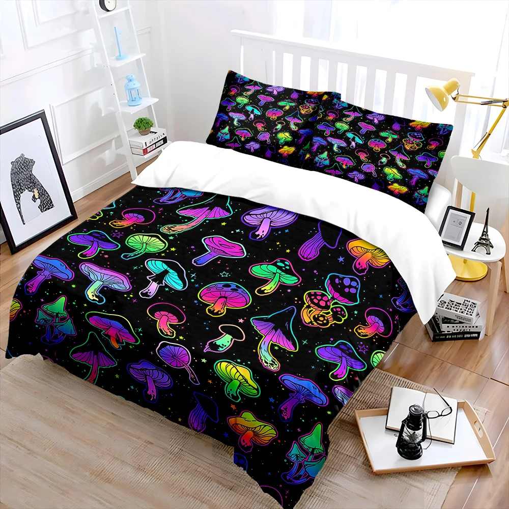 Confused fluorescent colored mushrooms Bedding Set for Kids Luxury Gift 3pcs Digital Print Comforter Set Soft Comfortable