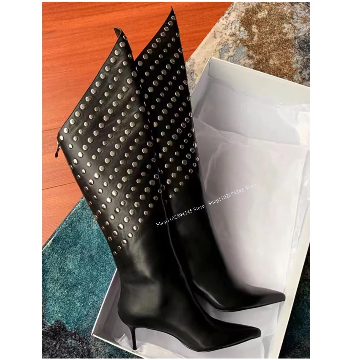 

Black Rivet Knee High Boots Thin High Heel Pointed Toe Fashion Cool 2024 Winter Casual Big Size Woman Shoes Zapatillas Mujer