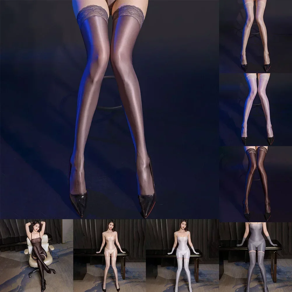 Sexy Lingerie Women Oil Shiny Bodysuit Ultra-Thin Silky Transparent Stockings Suspender Backless Party Club Wear Bodycon