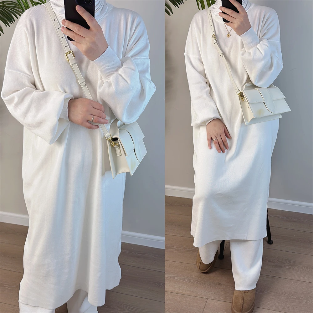 Muslim Women Knitted Outfits Thicken Winter Sweater Dress Wide Leg Pants Dubai Turkey Abaya Middle East Kaftan Robe 2 Pieces Set