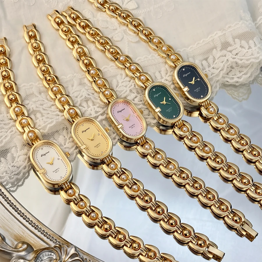 Elegant Oval Track Dial Pearl Embellished Strap Gold Watch for Woman