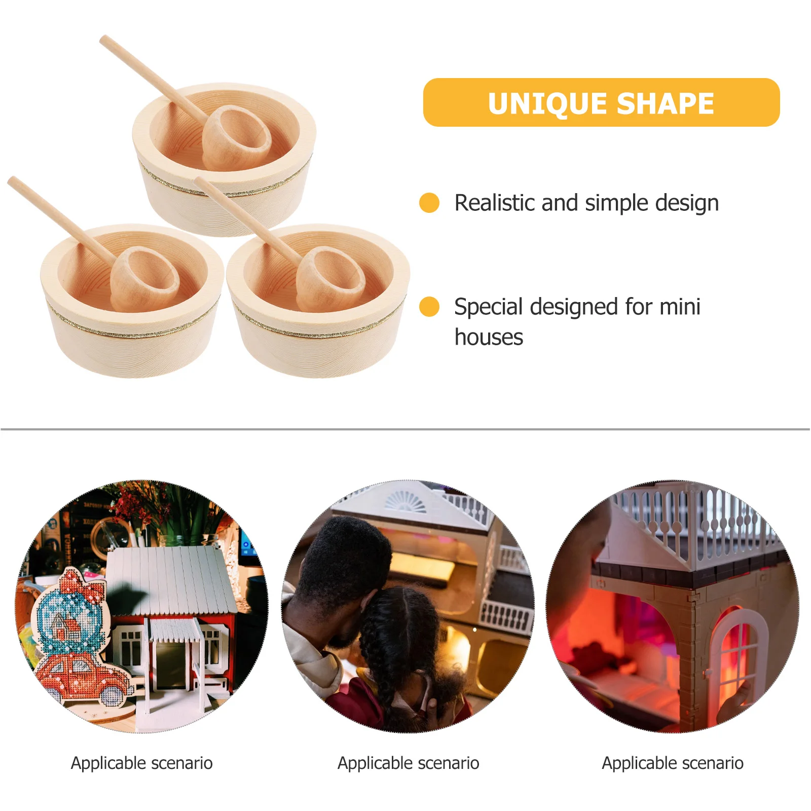 

3 Sets Mini Wooden Bowl Spoon House Unfinished for Dollhouse Food Play Kitchen Supplies Decoration