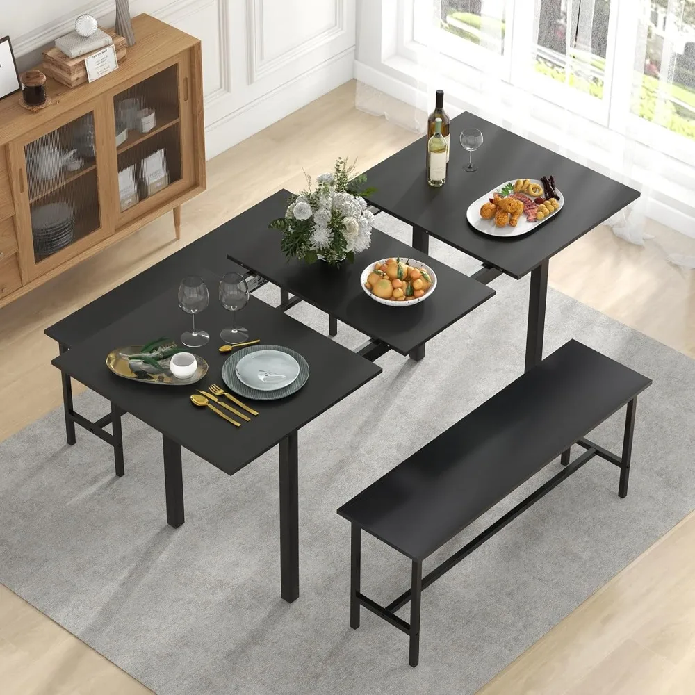 طقم طاولة طعام مكون من 3 قطع لطاولة مطبخ قابلة للتمديد مقاس 4-6، 63 بوصة مع مقعدين، حجرة طعام موفرة للمساحة مع إطار معدني #6