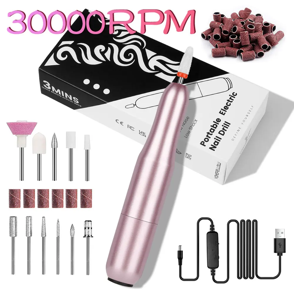 30000RPM Wiertarka do paznokci USB do manicure Zestaw frezów do polerowania żelu Wiertarka do paznokci Pióro Salon Sprzęt do salonu paznokci