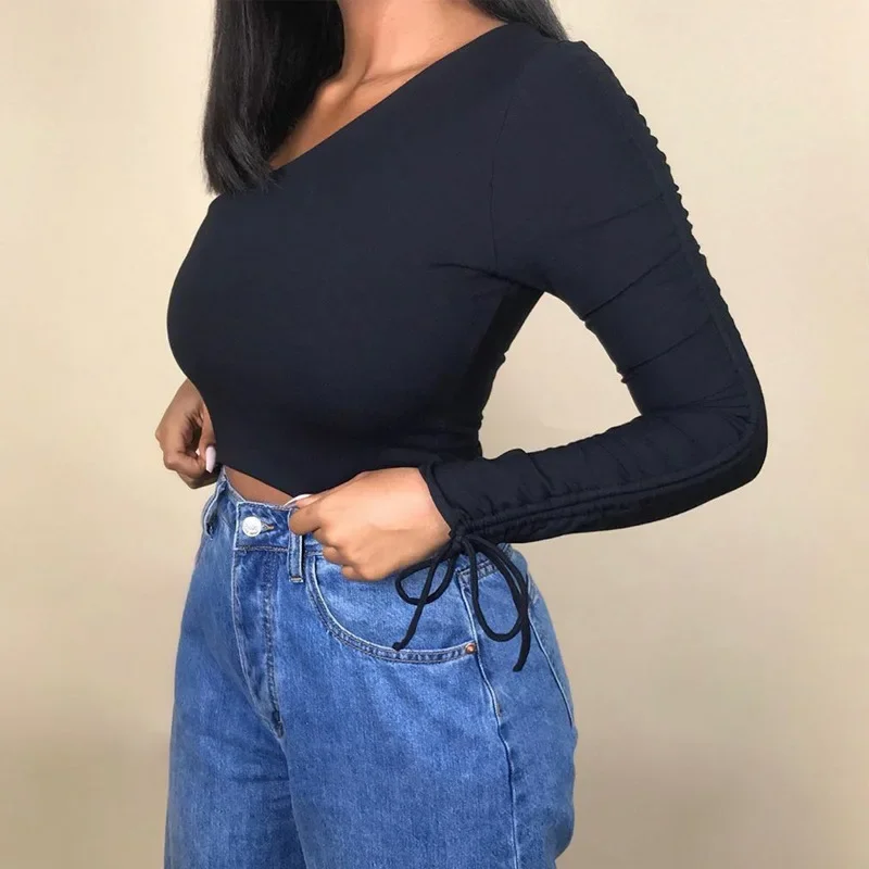 

Drawstring Women Sexy One Shoulder Top Unique Long Sleeve Slim Fit Solid Color T-shirt Fashion Clothes NEW 2024 Spring Autumn