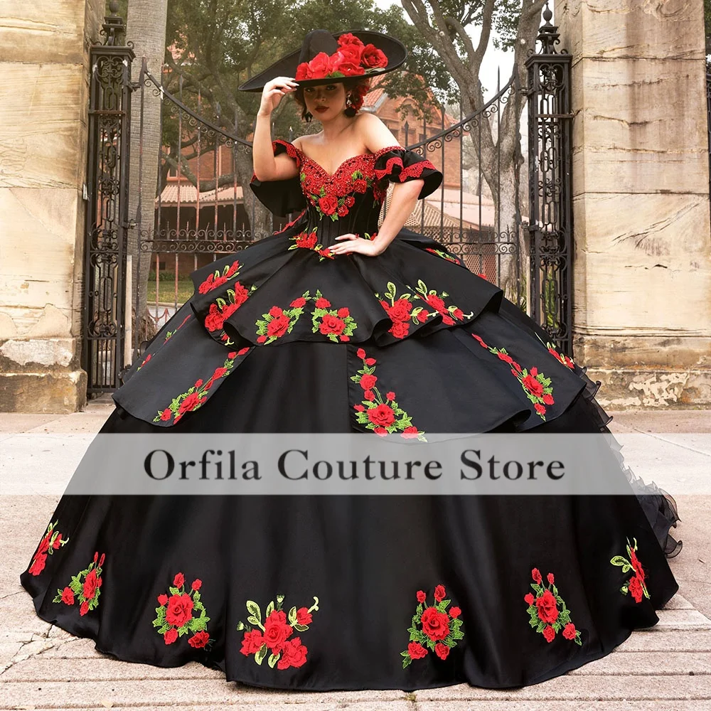Vestidos de Quinceañera Negros Estilo Charro Mexicano con Bordado y Apliques, Hombros Descubiertos, Corsé y Volantes, Vestidos de 15 Años Personalizados