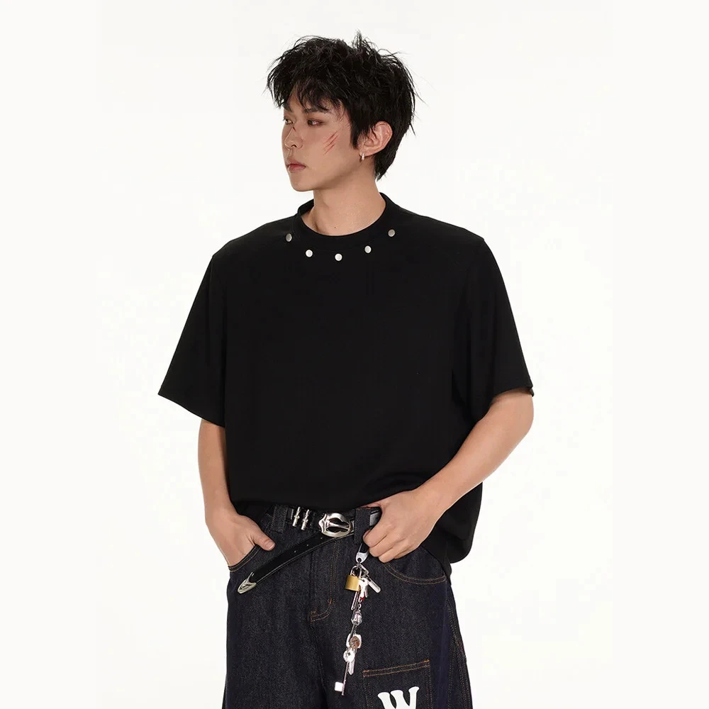 Men Summer Shoulder Pad Rivet Streetwear Fashion Loose Short Sleeve T-shirt Casual T Shirts Hip Hop Tshirts