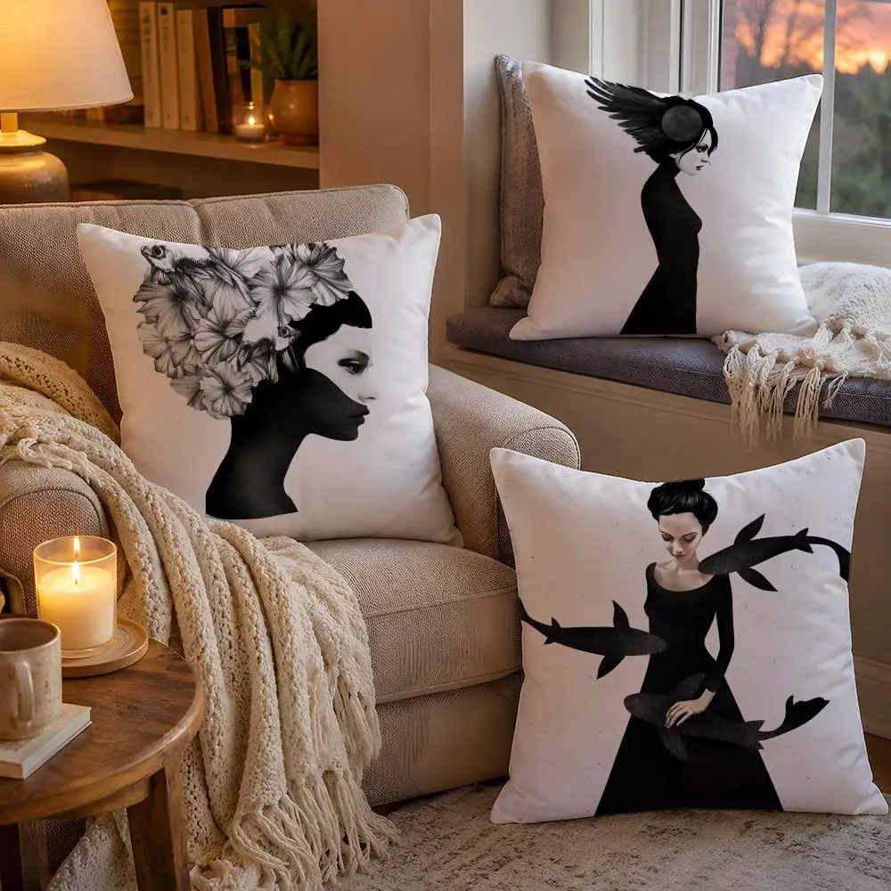 New Black White Style Wonder Girl Cushion Cover 1pc Square Plush Pillow Cover Soft Fuzzy Removable Washable Bed Bedroom Decor