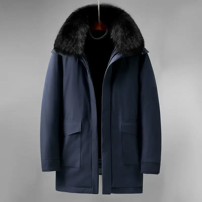 

Daddy Outfit Winter New Men Thicken Mid-Length Hooded Middle-Aged Elderly Down Jacket Parkas Oversize Coat Artificial Fur Collar
