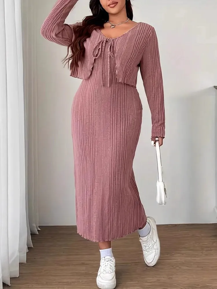 L-4XL حجم كبير الملابس فساتين النساء الجلباب 2 قطعة مجموعات ربيع الخريف الشارع عادية 3XL حجم كبير مكتب سيدة فستان كبير الحجم #1