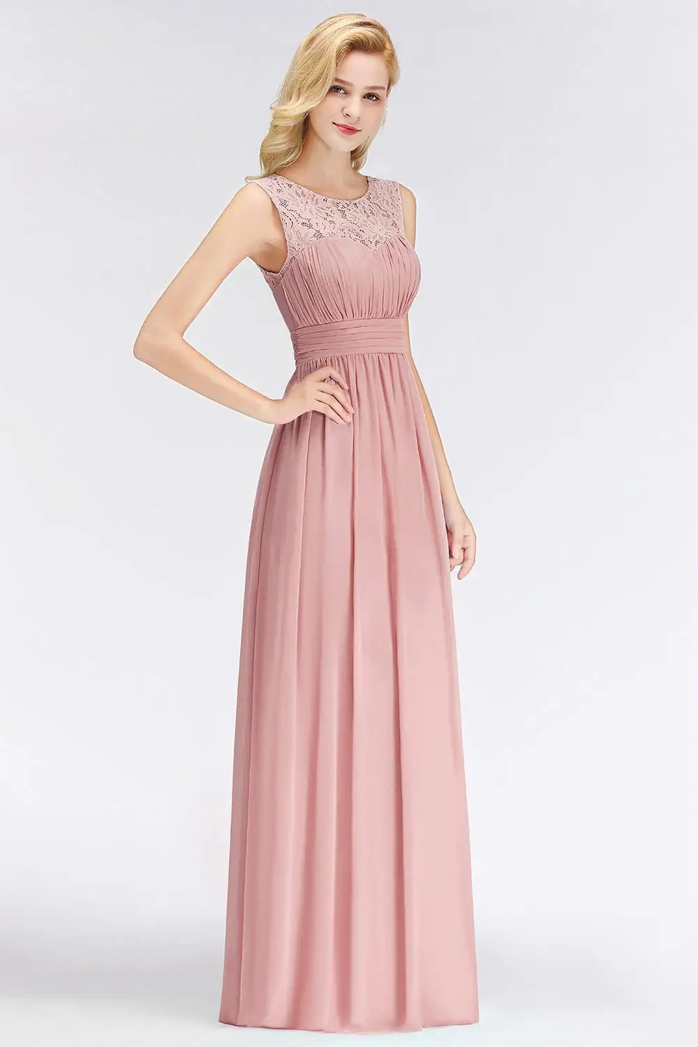 Prom Dresses Dusty Pink Scoop Neckline A-line Ankle-length Evening Dresses Lace Zipper Up Chiffon Sleeveless Wedding Party Dress