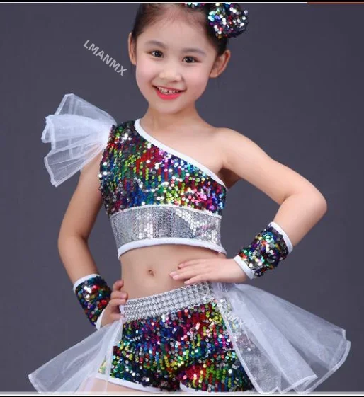 Ropa de baile para niñas, trajes de baile callejero de Jazz, modelo moderno para niños, faldas de disfraces de lentejuelas de pasarela