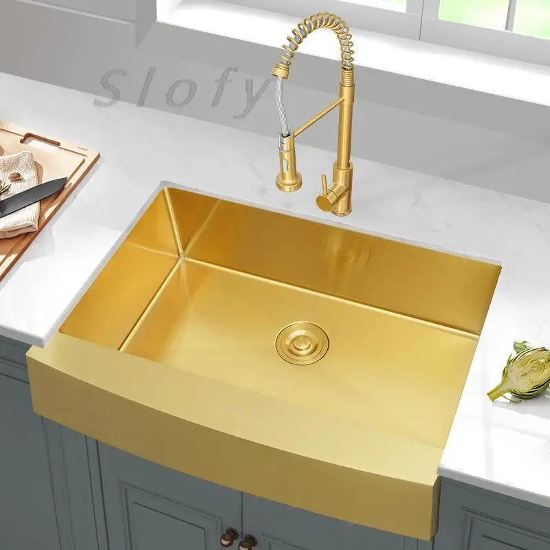 

Gold Farmhouse Kitchen Sink 304 Stainless Steel Apront Front Single Bowl Kitchen Sinks Undermount Farm Sink Wash Basin Drain Set