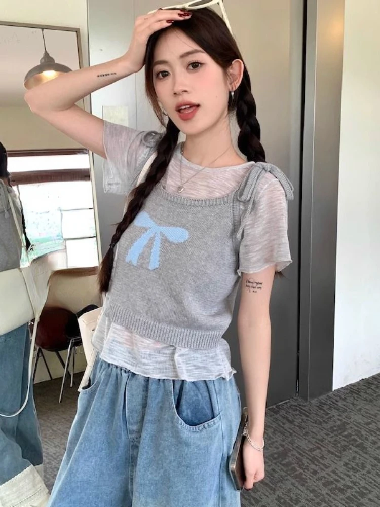 Y2k Harajuku Sweet T Shirts for Women Short Sleeve Solid Color Tops Tees Bow Jacquard Knit Tank Two Piece Set Casual Clothing