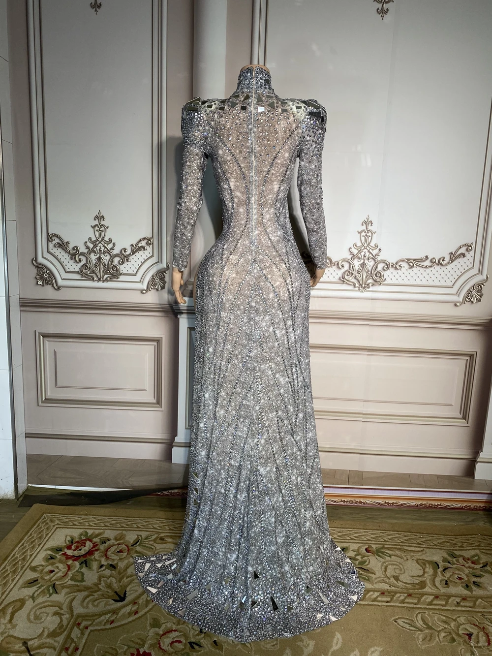 Robe de soirée luxueuse à strass, tenue de fête d'anniversaire, Sexy, maille transparente, fente haute, vêtements de scène de chanteur