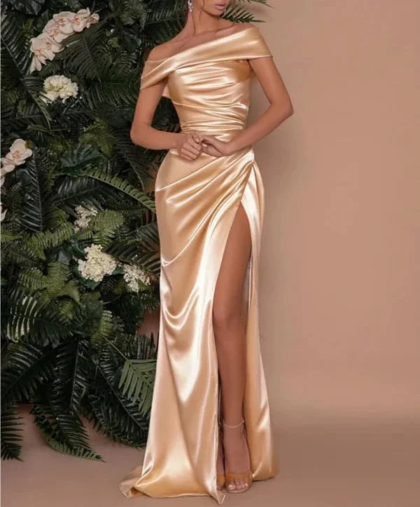 Customized Elegant Off The Shoulder Women\'s Satin Prom Dresses Luxury Glossy Long Gown Corset Formal Evening Mermaid Bridesmaid