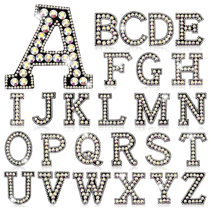 26 Piece Rhinestone Iron On Patch A-Z Bling Rhinestone Letter Patch Glitter Alphabet Applique For DIY Craft Supplies