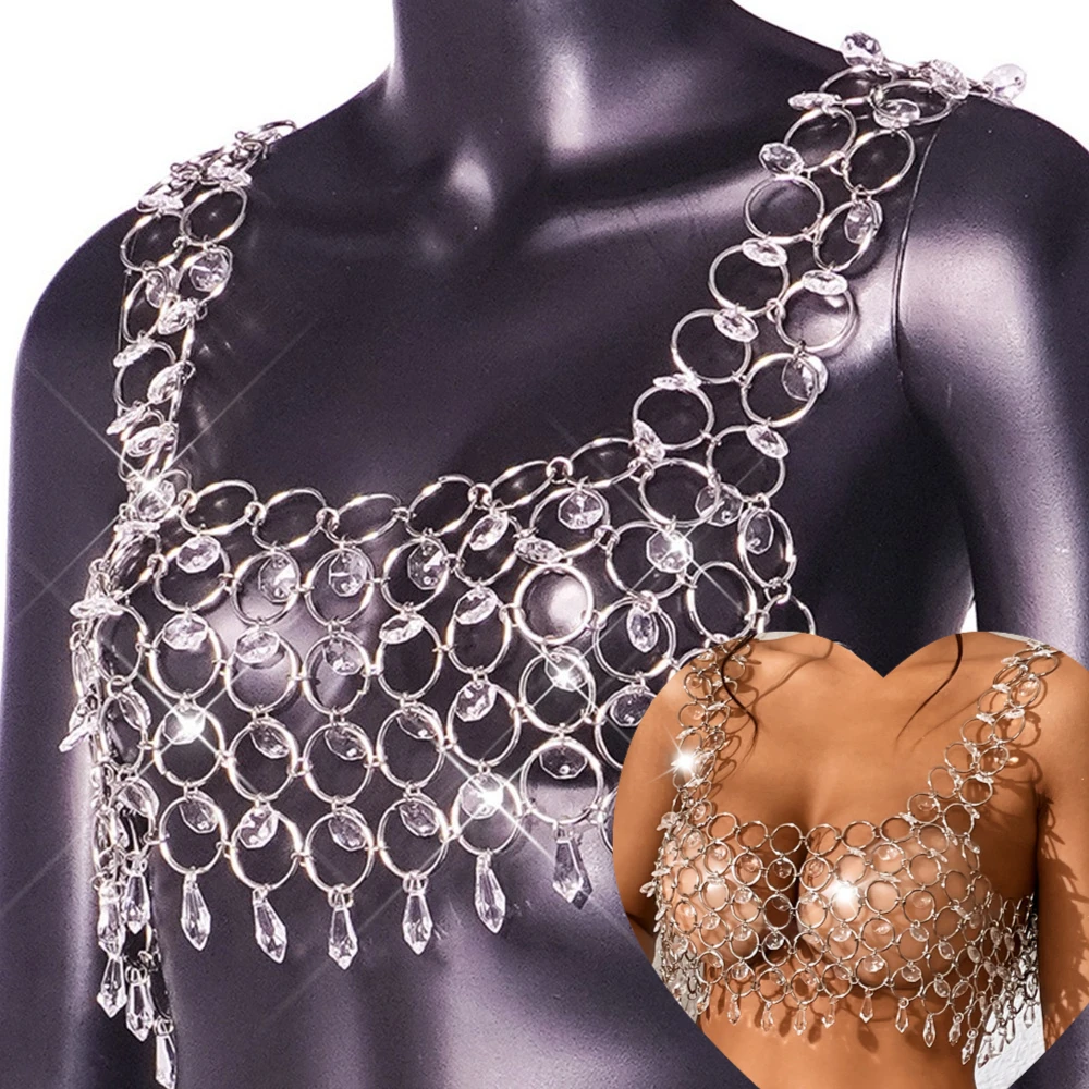 

Sexy Openwork Crystal Chest Chain Metal Rhinestone Sling Tops Chain for Women's Beach Bikini Party Lingerie Body Chain Jewelry