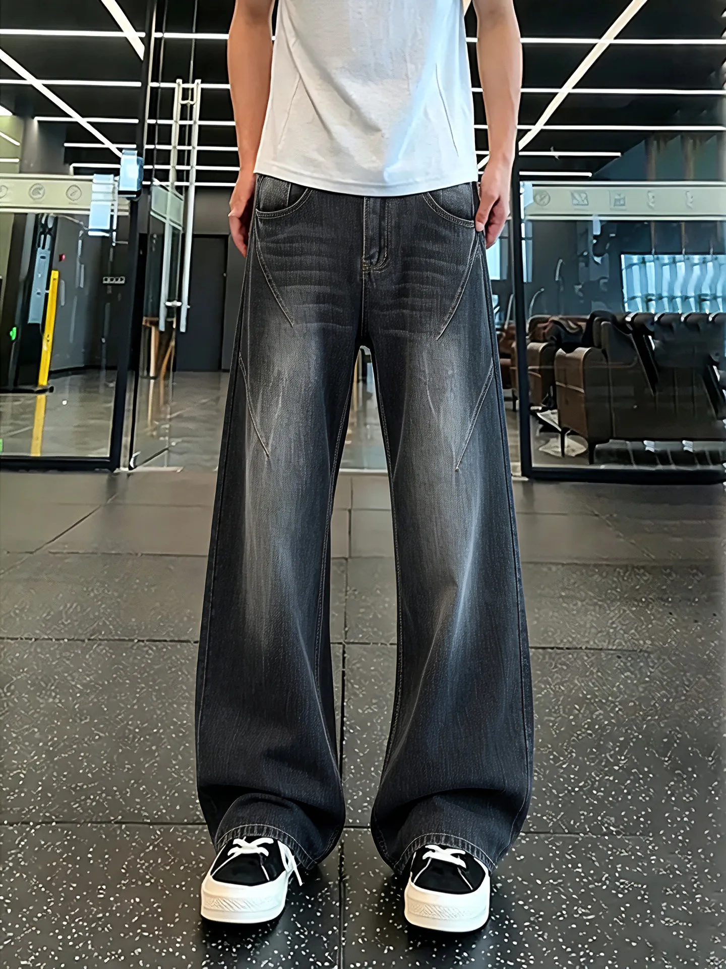 Black Bamboo Node Pattern Wide Leg Jeans Men's Straight Cut Trousers Spring Summer Autumn Winter High Street Style Jeans